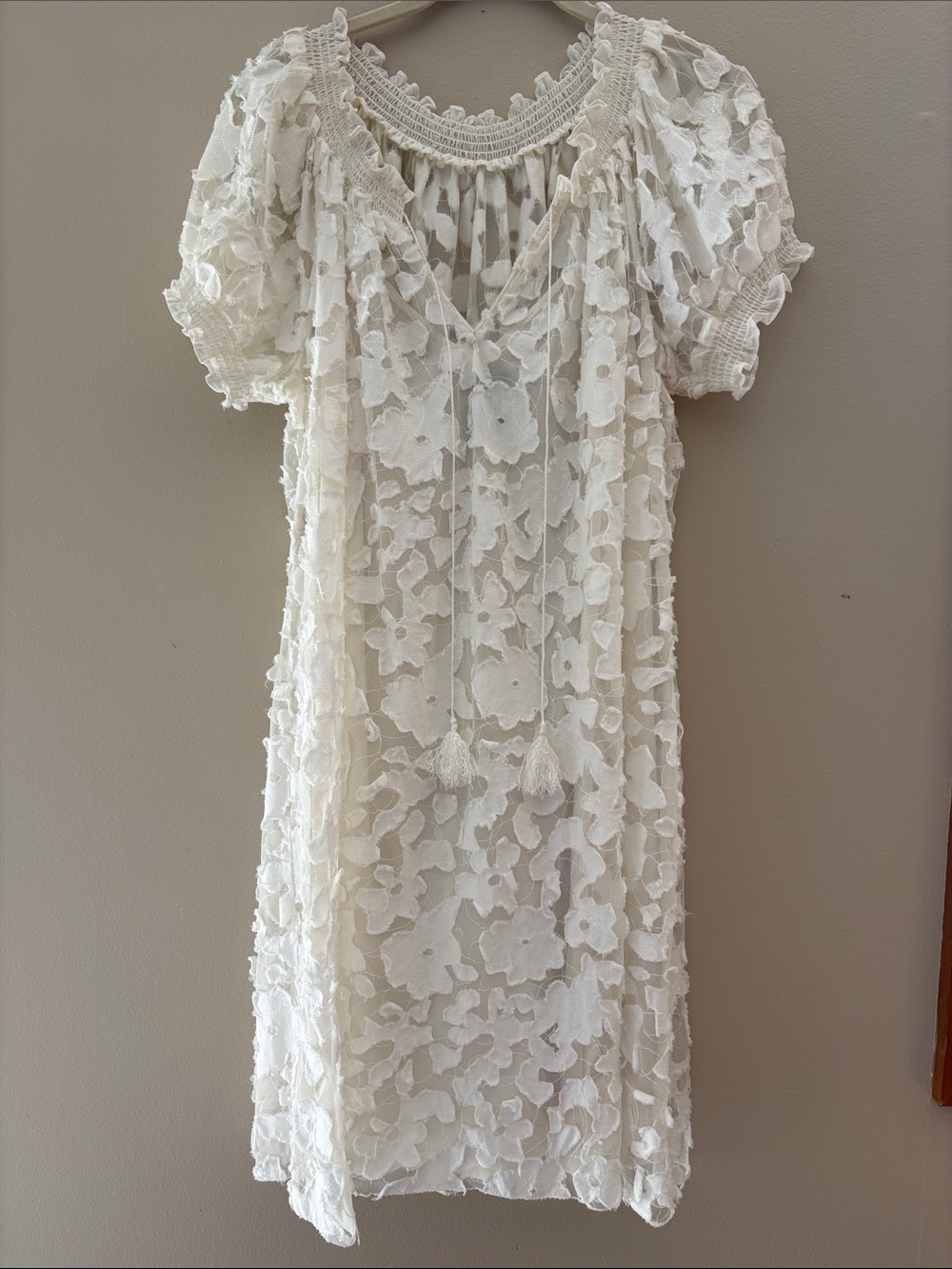WILLI SMITH White Floral Appliqué Mesh Dress w/ Slip XL Boho Romantic
